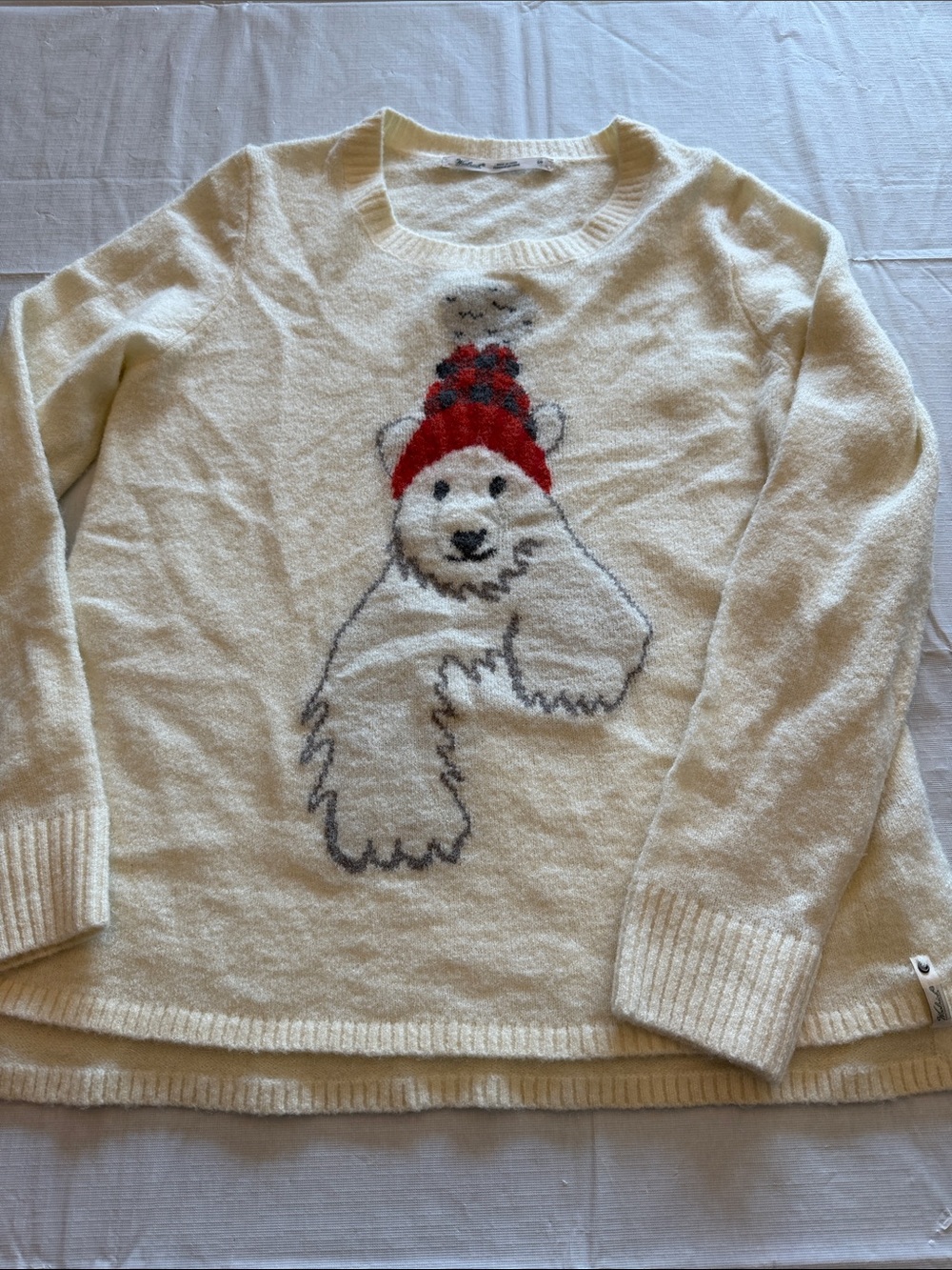 Woolrich Cream Polar Bear Sweater with Red Pom Hat